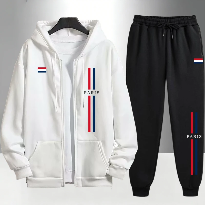 Paris Men'S Fashion - ชุดเซ็ตแฟชั่นผู้ชายสไตล์ปารีส เสื้อแจ็คเก็ตซิปและกางเกงวอร์ม สำหรับฤดูใบไม้ร่วงและฤดูหนาว ชุดลำลองใส่ได้ทุกวัน ชุดฮู้ดดี้แนวสปอร์ต ชุดเทรนดี้สไตล์คนเมือง