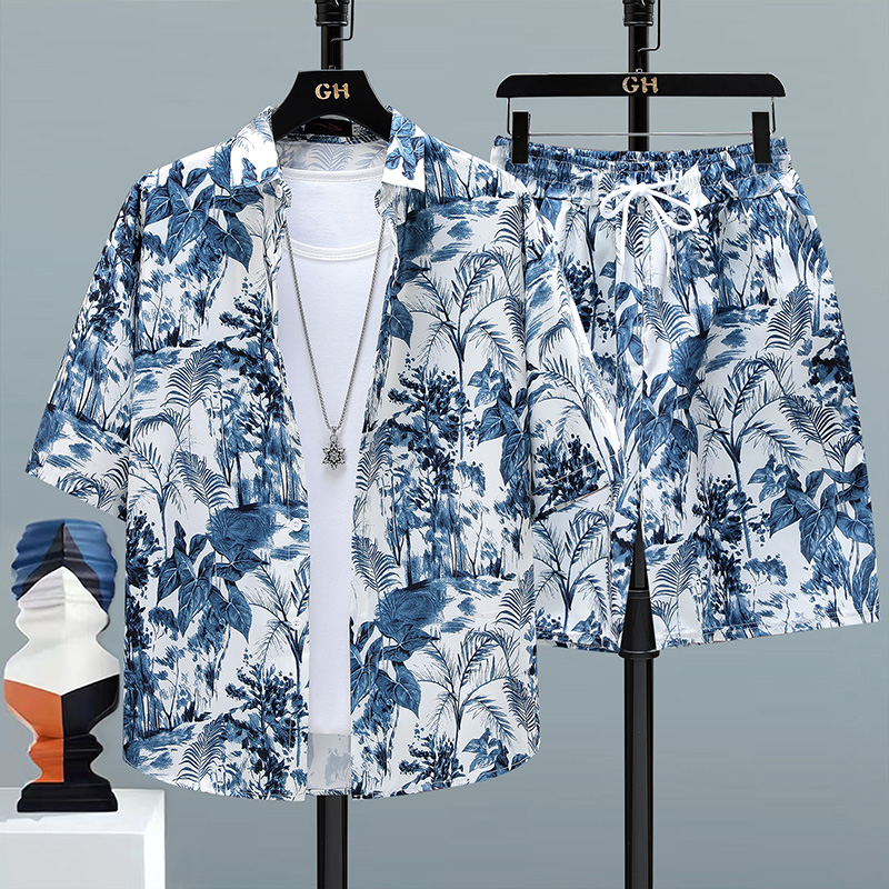 Mens Fashion Streetwear - ชุดกีฬาลำลองผู้ชาย 2 ชิ้น ชุดสตรีทแฟชั่น เสื้อยืดและกางเกงขาสั้น ชุดชายหาด