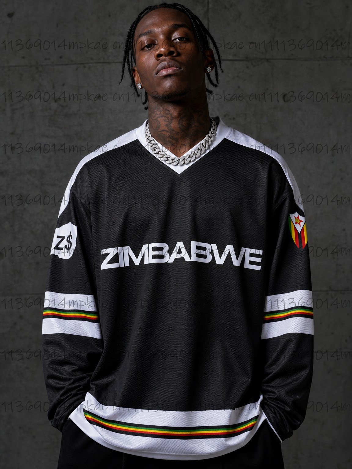 Mens Fashion Streetwear - เสื้อยืดแขนยาวคอวีพิมพ์ลายซิมบับเวสำหรับผู้ชาย สไตล์ลำลองสำหรับฤดูร้อน สไตล์สปอร์ต ทันสมัย แฟชั่นแนวสตรีทแวร์ย้อนยุค