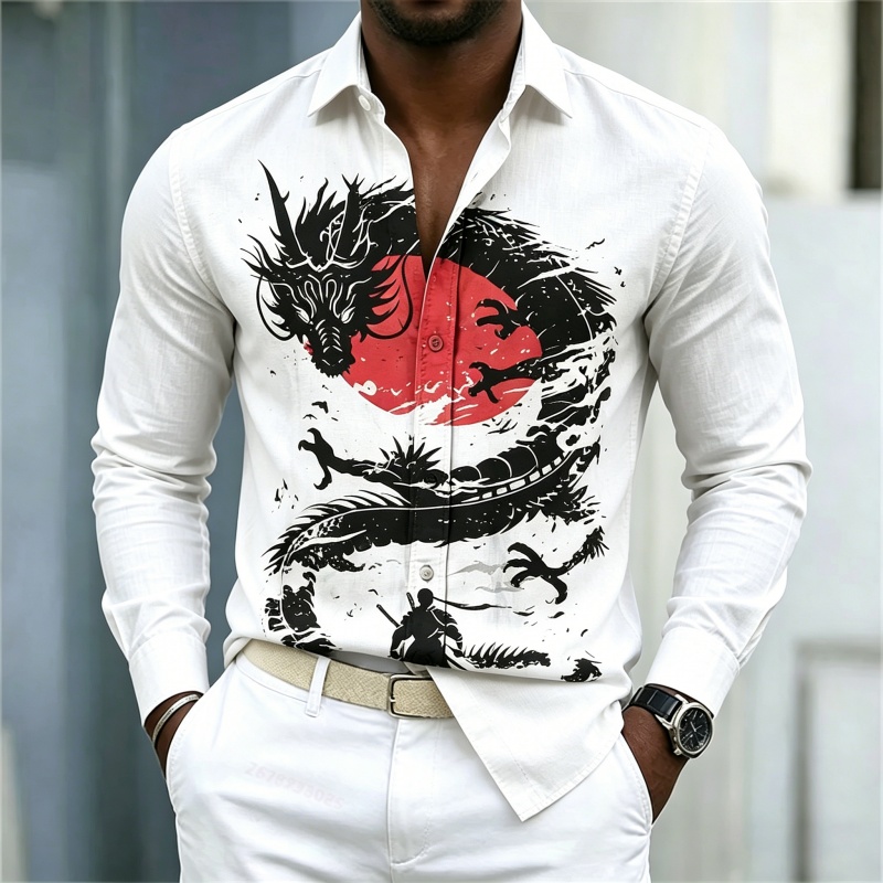 Mens Fashion Streetwear - เสื้อเชิ้ตผู้ชายลายมังกรสีขาวดำแดงตัดกัน รุ่นใหม่ปี 2026 สไตล์สตรีทแฟชั่นลำลองธุรกิจ แขนยาว เสื้อผ้าผู้ชาย
