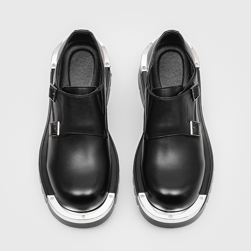 Paris Men'S Fashion - รองเท้าเดอร์บี้แฟชั่นผู้ชายสไตล์ปารีส พังก์ แต่งโลหะหัวใหญ่ ตกแต่งแบบกระดุมสองแถว พื้นหนาเพิ่มความสูง รุ่นใหม่