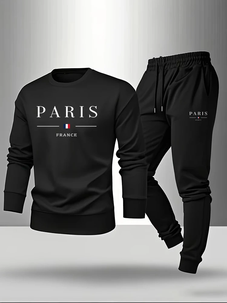 Paris Men'S Fashion - ชุดเซ็ตเสื้อและกางเกงขายาวพิมพ์ลายปารีสสำหรับผู้ชาย ชุดลำลองฤดูใบไม้ร่วง ชุดแฟชั่นผู้ชาย ฮู้ดดี้คอกลม ชุดเสื้อสเวตเชิ้ตหรือกางเกงขายาวเดี่ยว