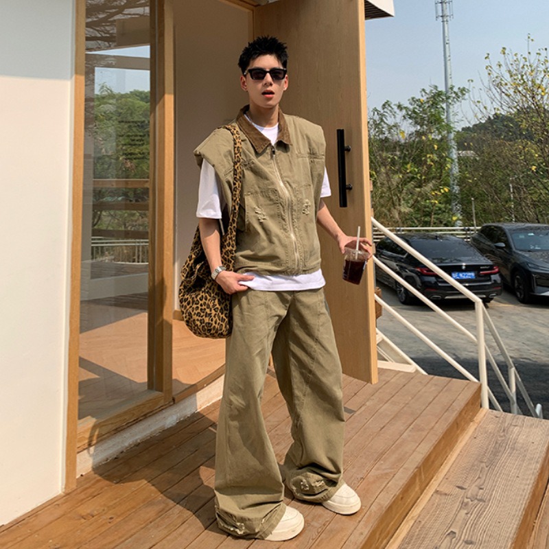 Men'S Fashion Designer - แบรนด์แฟชั่นอเมริกัน เสื้อแจ็คเก็ตยีนส์สไตล์เรโทรสำหรับผู้ชาย ชุดเสื้อกั๊กทรงหลวมพร้อมกางเกงขายาว ดีไซน์ใหม่สำหรับฤดูร้อน ทันสมัยและลำลอง