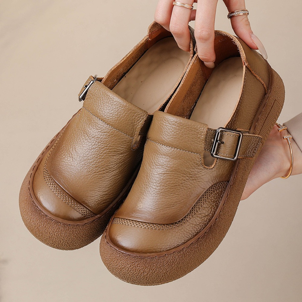 Leather Belt Braided - รองเท้าลำลองผู้หญิง สไตล์เรโทรใหม่ ฤดูใบไม้ผลิ ฤดูใบไม้ร่วง หนังวัว พื้นหนา