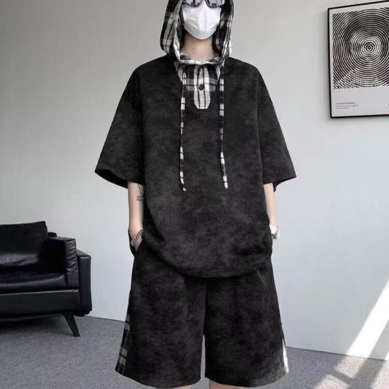 Men'S Fashion Plus - M-8XL เสื้อผ้าผู้ชายไซส์ใหญ่ เสื้อยืดแขนสั้นมีฮู้ด+กางเกงขาสั้น ชุดกีฬา ฮาราจูกุ แฟชั่นญี่ปุ่น