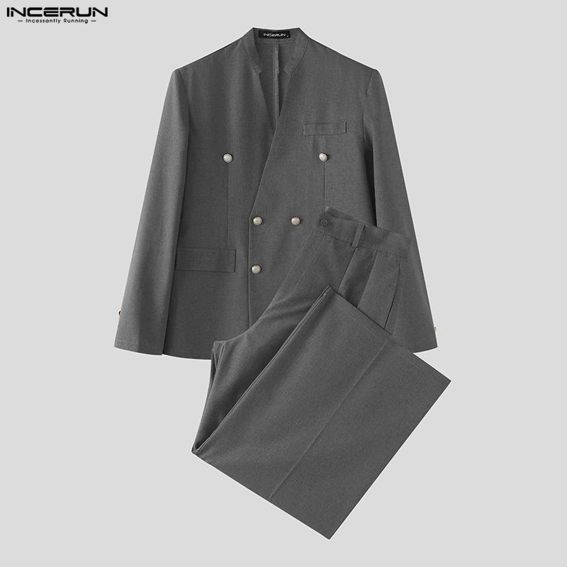 Mens Fashion Streetwear - ชุดเซ็ตผู้ชาย INCERUN สีพื้น คอวี แขนยาว เสื้อเบลเซอร์และกางเกง