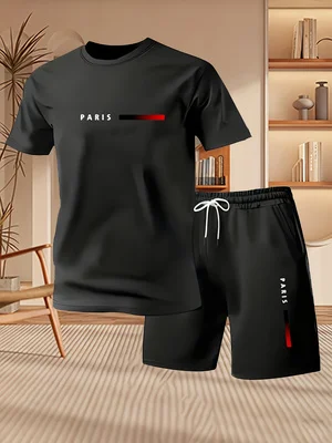 Paris Men'S Fashion - ชุดเซ็ต 2 ชิ้น เสื้อยืดแขนสั้น+กางเกงขาสั้นสำหรับผู้ชาย ลายพิมพ์ตัวอักษรปารีส ดีไซน์เรียบง่ายทันสมัย