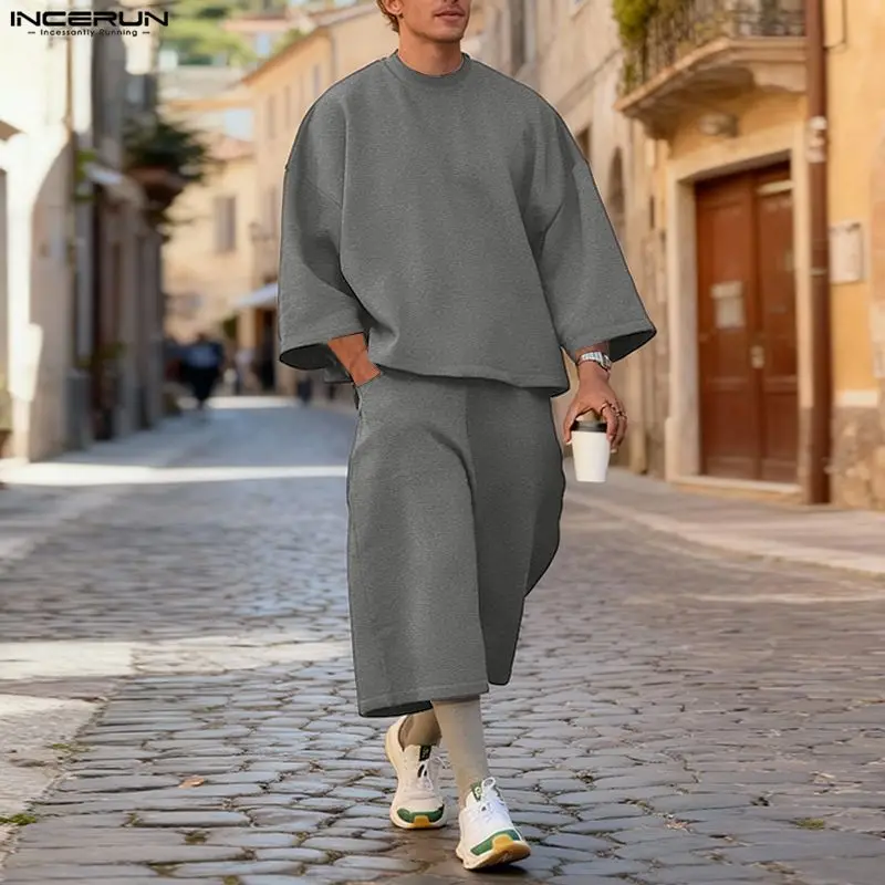 ชุดเซ็ตผู้ชาย INCERUN สีพื้น เ - Mens Fashion Streetwear บทวิจารณ์และราคา