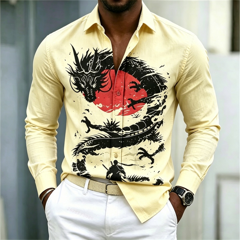 เสื้อเชิ้ตผู้ชายลายมังกรสีขาวด - Mens Fashion Streetwear บทวิจารณ์และราคา