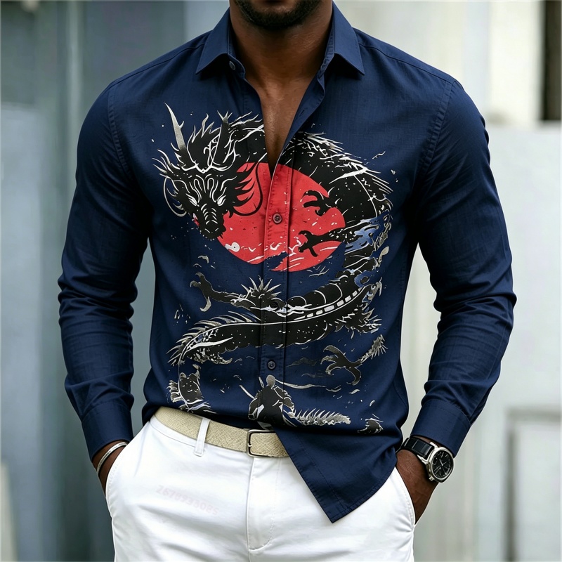 เสื้อเชิ้ตผู้ชายลายมังกรสีขาวด - Mens Fashion Streetwear บทวิจารณ์และราคา