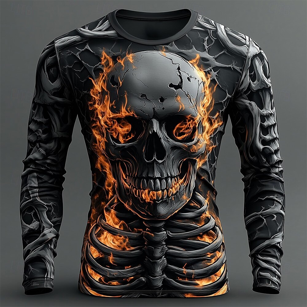 เสื้อยืดผู้ชายลายหัวกะโหลกเปลว - Mens Fashion Streetwear บทวิจารณ์และราคา